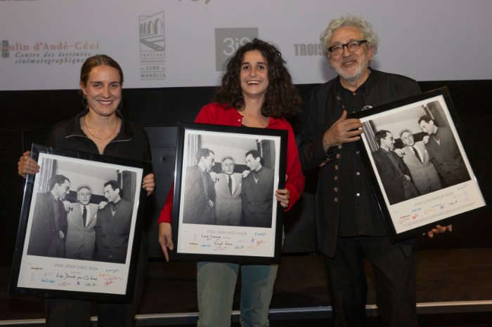 © Hervé Veronese Laïs Decaster (Prix Jean Vigo du court métrage 2024), Louise Courvoisier (Prix Jean Vigo du long métrage 2024) et Elia Suleiman (Vigo d'Honneur 2024)