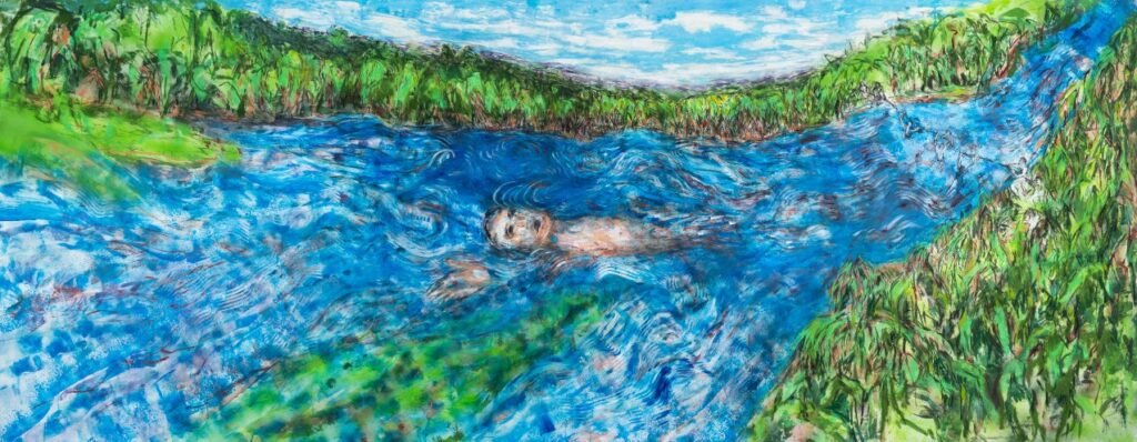 Isabel D -Obaldia-Riviere-2025-Peinture-sur-papier-acrylique-pastel-et-fusain-140-X-360-cm