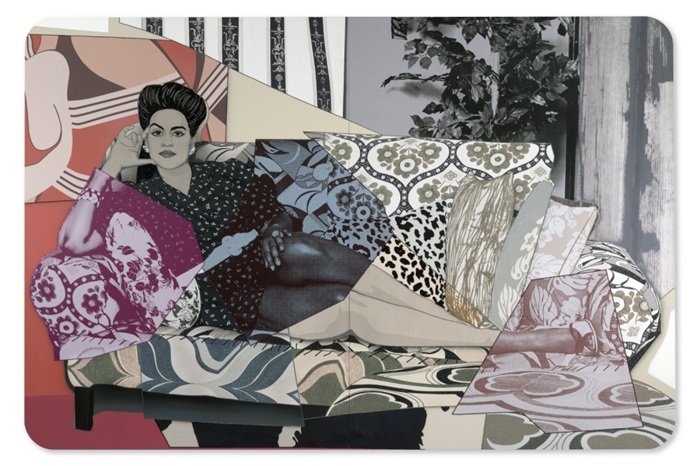 Mickalene Thomas, Clarivel Face Forward Gazing, 2024, strass, peinture acrylique et huile sur toile montée sur panneau de bois, 243,84 x 365,76 © 2025 Mickalene Thomas, ADAGP, Paris