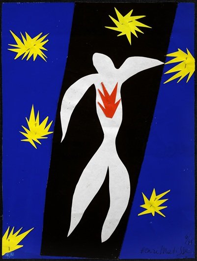 Henri Matisse La Chute d'Icare, 1943
Papiers gouachés, découpés et épinglés, 36 x 26,5 cm
Collection privée
Courtesy Galerie de l'Institut